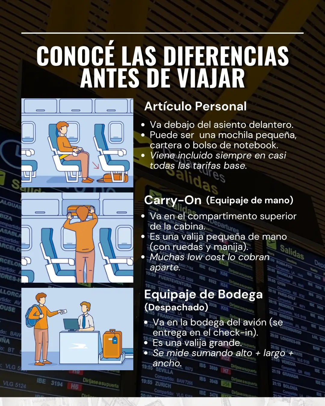 Diferencias entre artículo personal, equipaje de mano y equipaje de bodega
